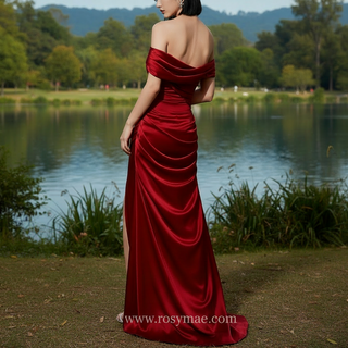 Off-the-Shoulder Ruched Mermaid Long Prom Dress with Leg Slit