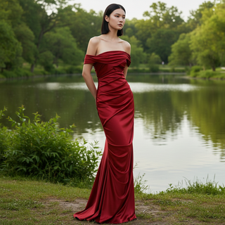 Off-the-Shoulder Ruched Mermaid Long Prom Dress with Leg Slit