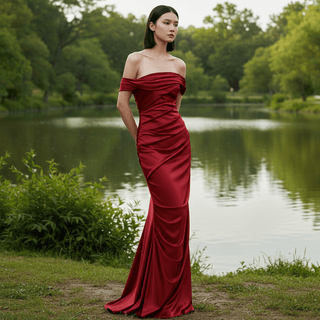 Off-the-Shoulder Ruched Mermaid Long Prom Dress with Leg Slit - Rosymae