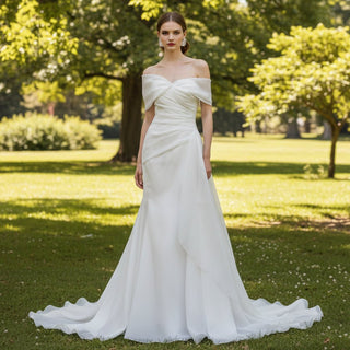 Off the Shoulder Ruched Organza Wedding Dresses - Rosymae