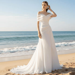 Off the Shoulder Ruched Organza Wedding Dresses - Rosymae