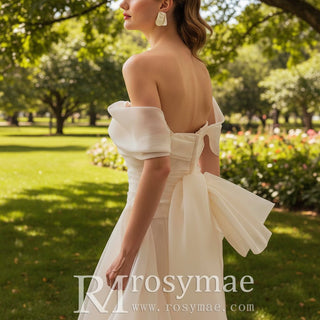 Off the Shoulder Ruched Organza Wedding Dresses - Rosymae