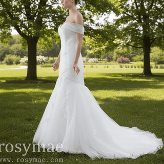 Off the Shoulder Ruched Tulle Lace Trumpet Wedding Dress - Rosymae