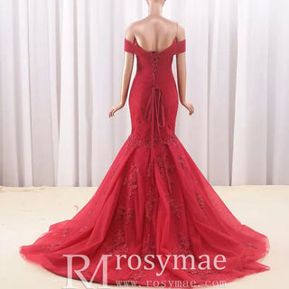 Off the Shoulder Ruched Tulle Lace Trumpet Wedding Dress - Rosymae