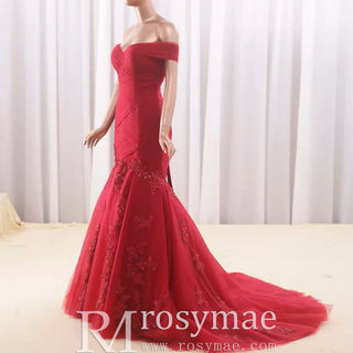 Off the Shoulder Ruched Tulle Lace Trumpet Wedding Dress - Rosymae