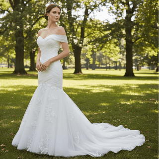 Off the Shoulder Ruched Tulle Lace Trumpet Wedding Dress - Rosymae