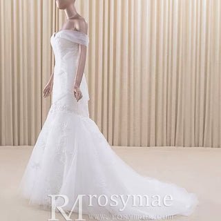 Off the Shoulder Ruched Tulle Lace Trumpet Wedding Dress - Rosymae
