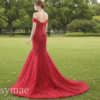 Off the Shoulder Ruched Tulle Lace Trumpet Wedding Dress - Rosymae