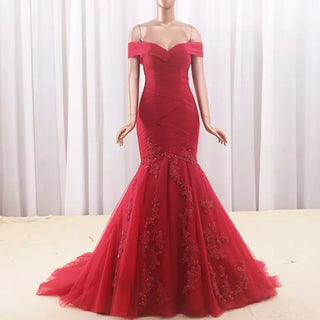 Off the Shoulder Ruched Tulle Lace Trumpet Wedding Dress - Rosymae