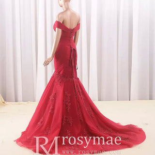 Off the Shoulder Ruched Tulle Lace Trumpet Wedding Dress - Rosymae