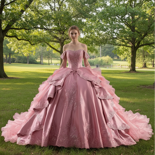 Romantic Off the Shoulder Ball Gown Pink Wedding Dress with Ruffle Skirt