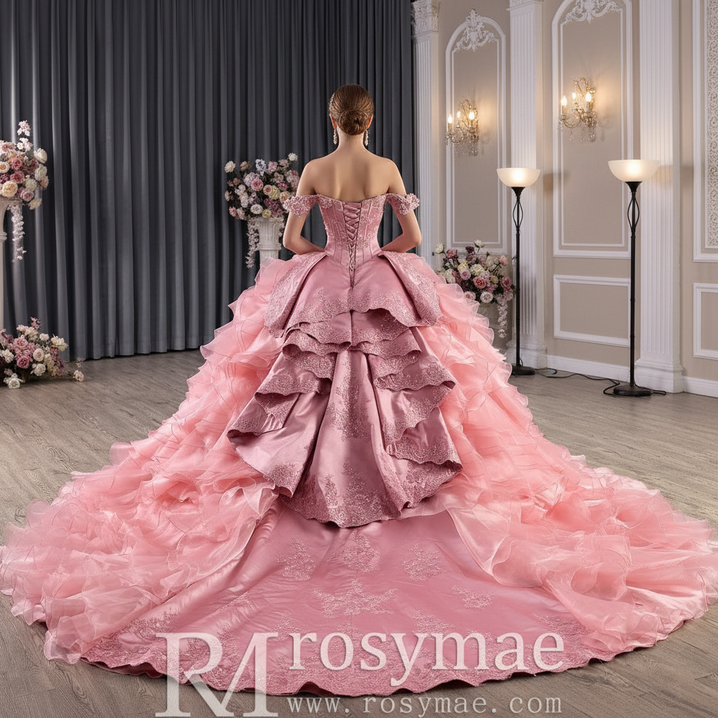 Romantic Off the Shoulder Ball Gown Pink Wedding Dress with Ruffle Skirt White / 16 Romantic Off the Shoulder Ball Gown Pink Wedding Dress with Ruffle Skirt White / 16