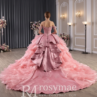 Romantic Off the Shoulder Ball Gown Pink Wedding Dress with Ruffle Skirt