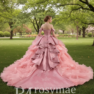 Romantic Off the Shoulder Ball Gown Pink Wedding Dress with Ruffle Skirt