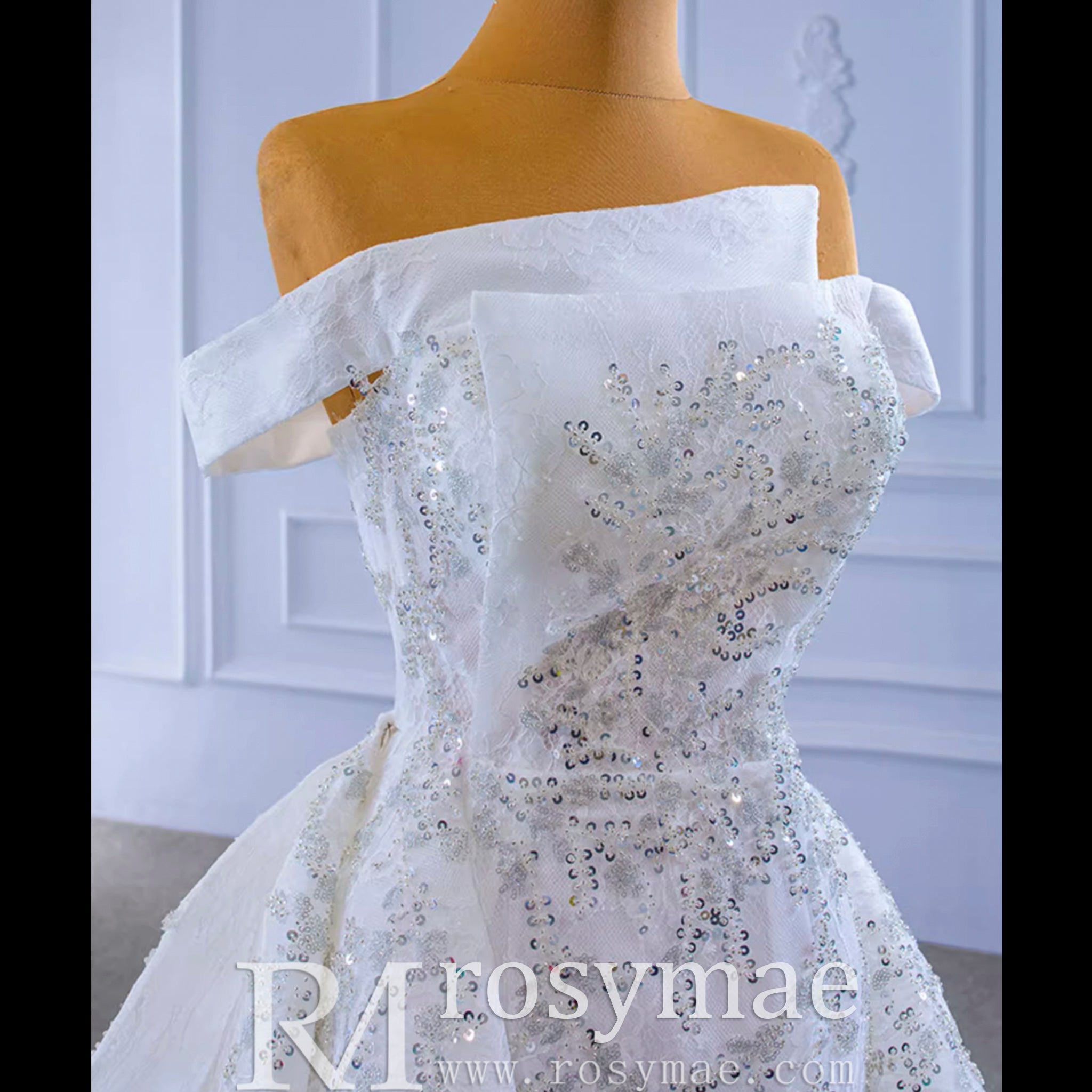 Off the Shoulder Ruffle Wedding Dress with Detachable Overskirt - Rosymae