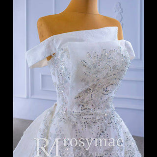 Off the Shoulder Ruffle Wedding Dress with Detachable Overskirt - Rosymae