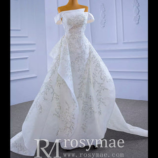 Off the Shoulder Ruffle Wedding Dress with Detachable Overskirt - Rosymae