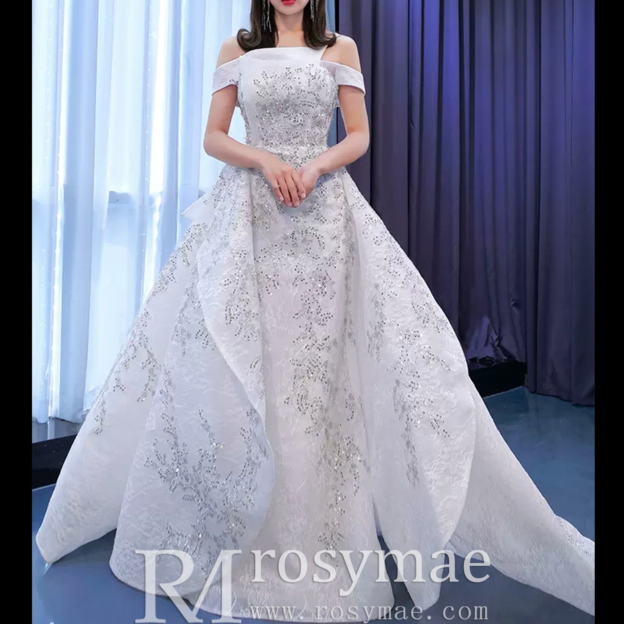 Off the Shoulder Ruffle Wedding Dress with Detachable Overskirt - Rosymae