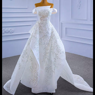 Off the Shoulder Ruffle Wedding Dress with Detachable Overskirt - Rosymae