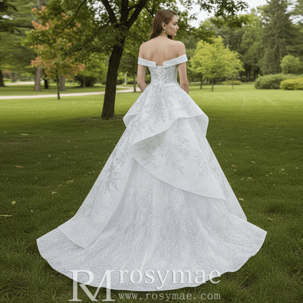 Off the Shoulder Ruffle Wedding Dress with Detachable Overskirt - Rosymae