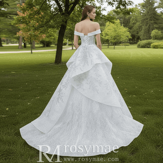 Off the Shoulder Ruffle Wedding Dress with Detachable Overskirt - Rosymae