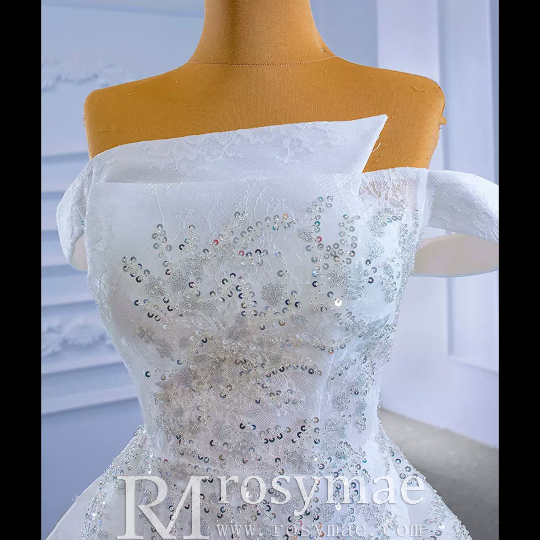 Off the Shoulder Ruffle Wedding Dress with Detachable Overskirt - Rosymae