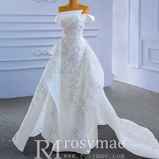Off the Shoulder Ruffle Wedding Dress with Detachable Overskirt - Rosymae