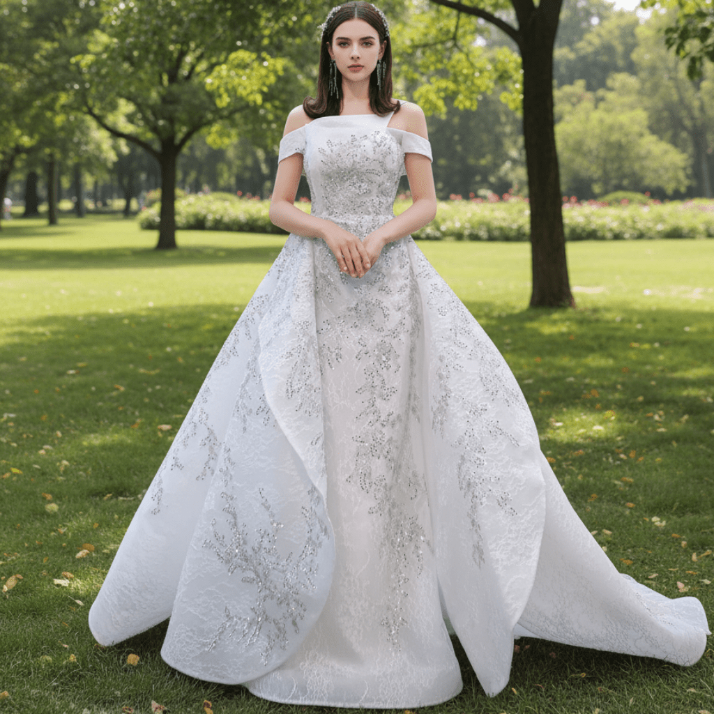 Off the Shoulder Ruffle Wedding Dress with Detachable Overskirt - Rosymae