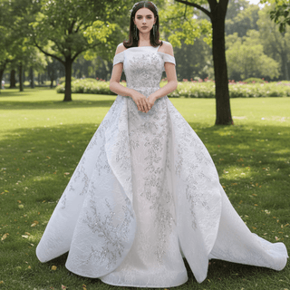Off the Shoulder Ruffle Wedding Dress with Detachable Overskirt - Rosymae