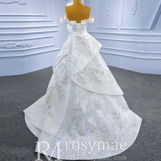 Off the Shoulder Ruffle Wedding Dress with Detachable Overskirt - Rosymae