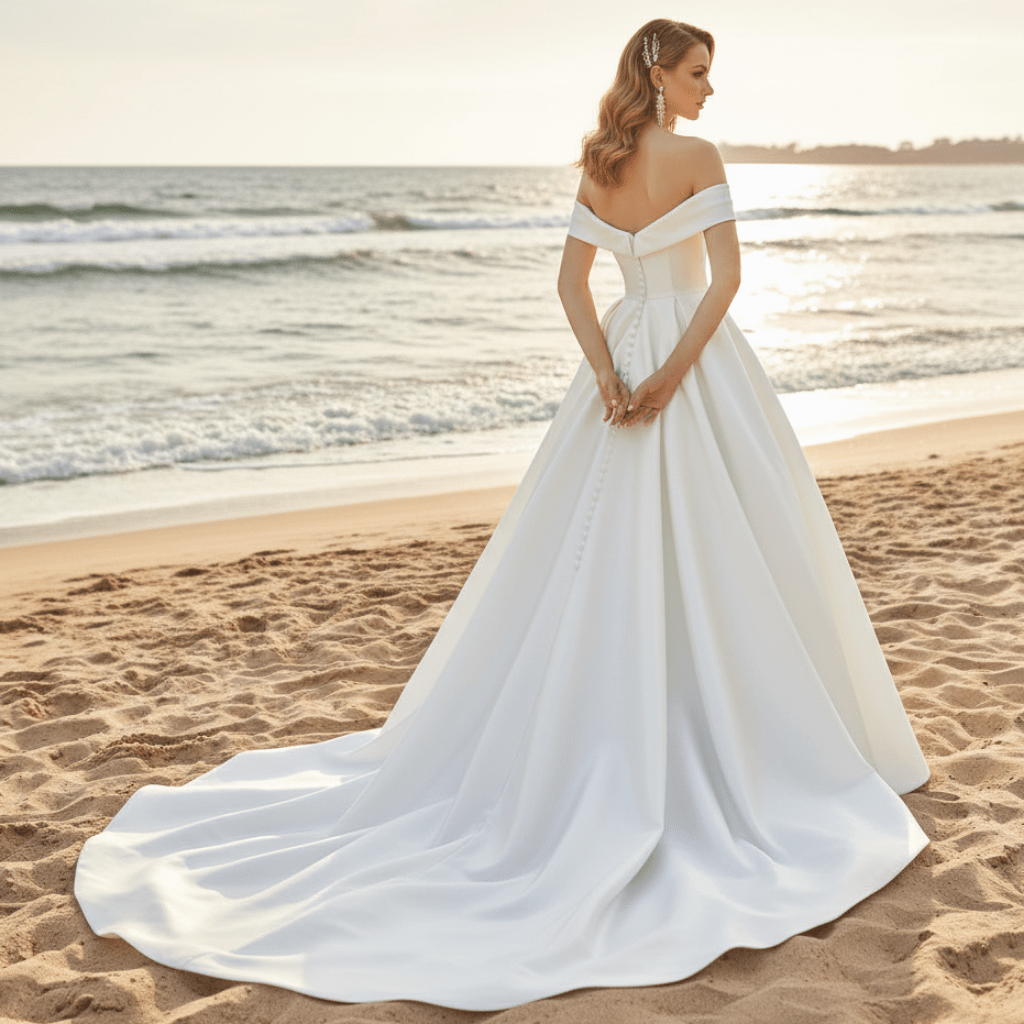 Off the Shoulder Satin A-line Ballgown Bridal Wedding Dress - Rosymae