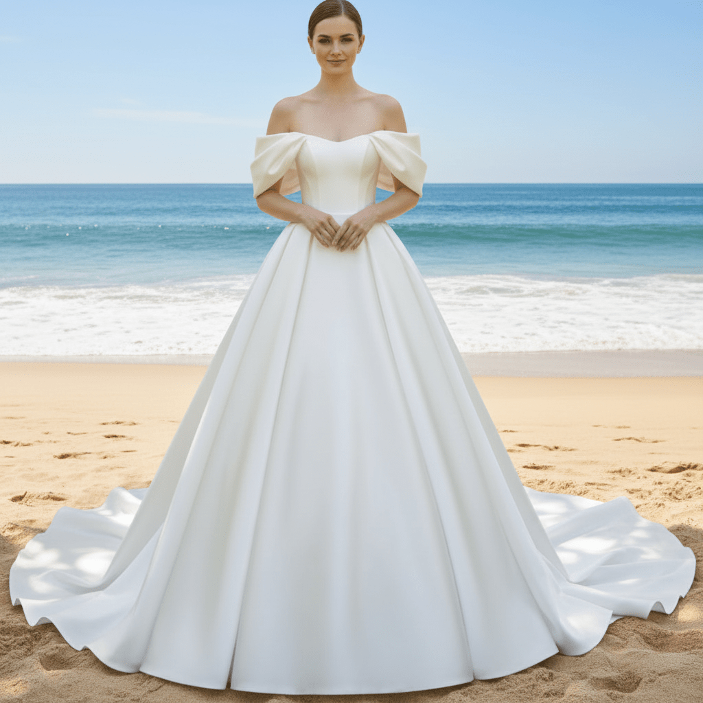 Off the Shoulder Satin A-line Ballgown Bridal Wedding Dress - Rosymae