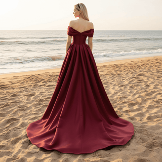 Off the Shoulder Satin A-line Formal Dress Prom Gown - Rosymae