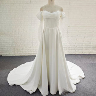 Off-the-Shoulder Satin A-Line Wedding Dress with Lace Streamer Sleeves & Train - A Line - Rosymae