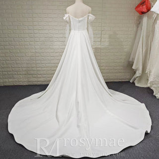 Off-the-Shoulder Satin A-Line Wedding Dress with Lace Streamer Sleeves & Train - A Line - Rosymae