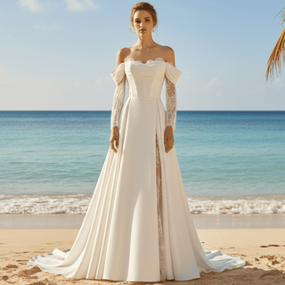Off-the-Shoulder Satin A-Line Wedding Dress with Lace Streamer Sleeves & Train