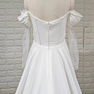 Off-the-Shoulder Satin A-Line Wedding Dress with Lace Streamer Sleeves & Train - A Line - Rosymae