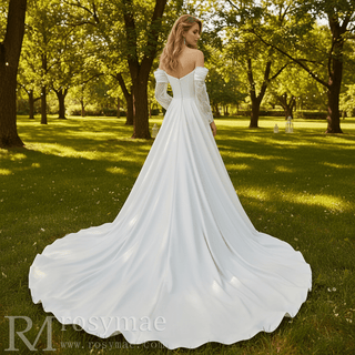 Off-the-Shoulder Satin A-Line Wedding Dress with Lace Streamer Sleeves & Train