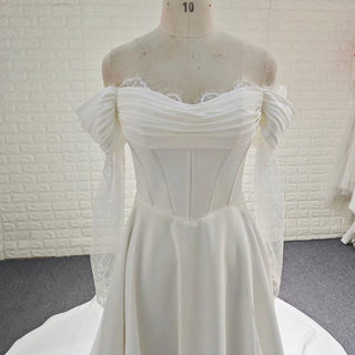 Off-the-Shoulder Satin A-Line Wedding Dress with Lace Streamer Sleeves & Train - A Line - Rosymae