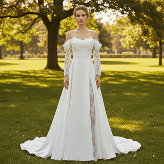 Off-the-Shoulder Satin A-Line Wedding Dress with Lace Streamer Sleeves & Train
