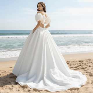Off the Shoulder Satin A-line Wedding Dress with Spaghetti Straps - Rosymae