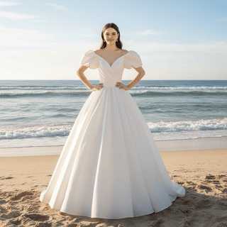 Off the Shoulder Satin A-line Wedding Dress with Spaghetti Straps - Rosymae