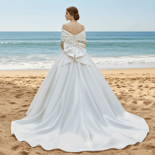 Off the Shoulder Satin Ball Gown Wedding Dress with Ruched - Rosymae