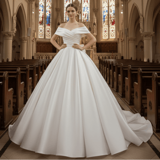 Off the Shoulder Satin Ball Gown Wedding Dress with Ruched - Rosymae