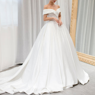 Off the Shoulder Ball Gown Simple Satin Wedding Dress