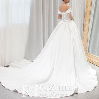 Off the Shoulder Ball Gown Simple Satin Wedding Dress