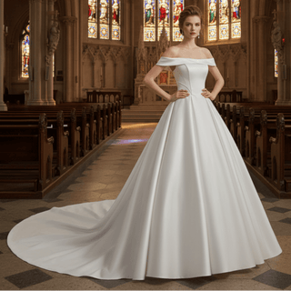 Off the Shoulder Satin Wedding Dress with Puffy Skirt and Big Train - Rosymae
