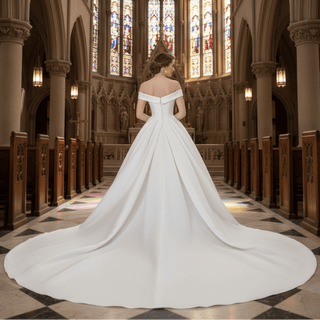 Off the Shoulder Satin Wedding Dress with Puffy Skirt and Big Train - Rosymae