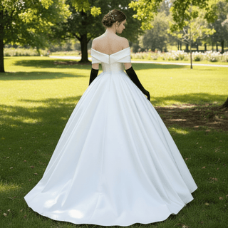 Off the Shoulder Satin Wedding Dress With Ruching Ball Gown Skirt - Rosymae