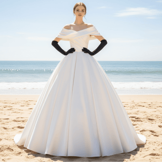 Off the Shoulder Satin Wedding Dress With Ruching Ball Gown Skirt - Rosymae